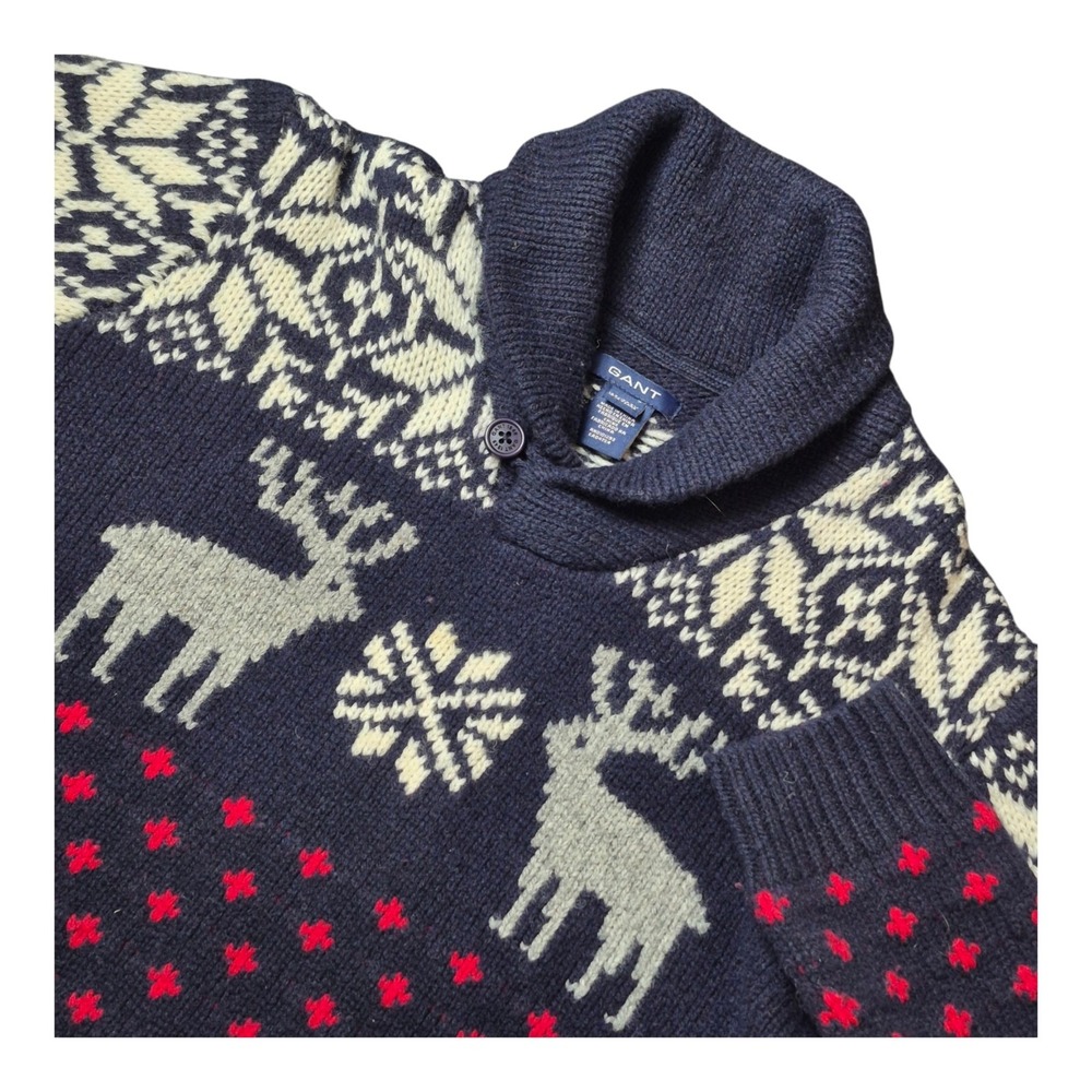 GANT Boys 13-14 Years Nordic Reindeer Lambswool Shawl Collar Christmas Sweater
